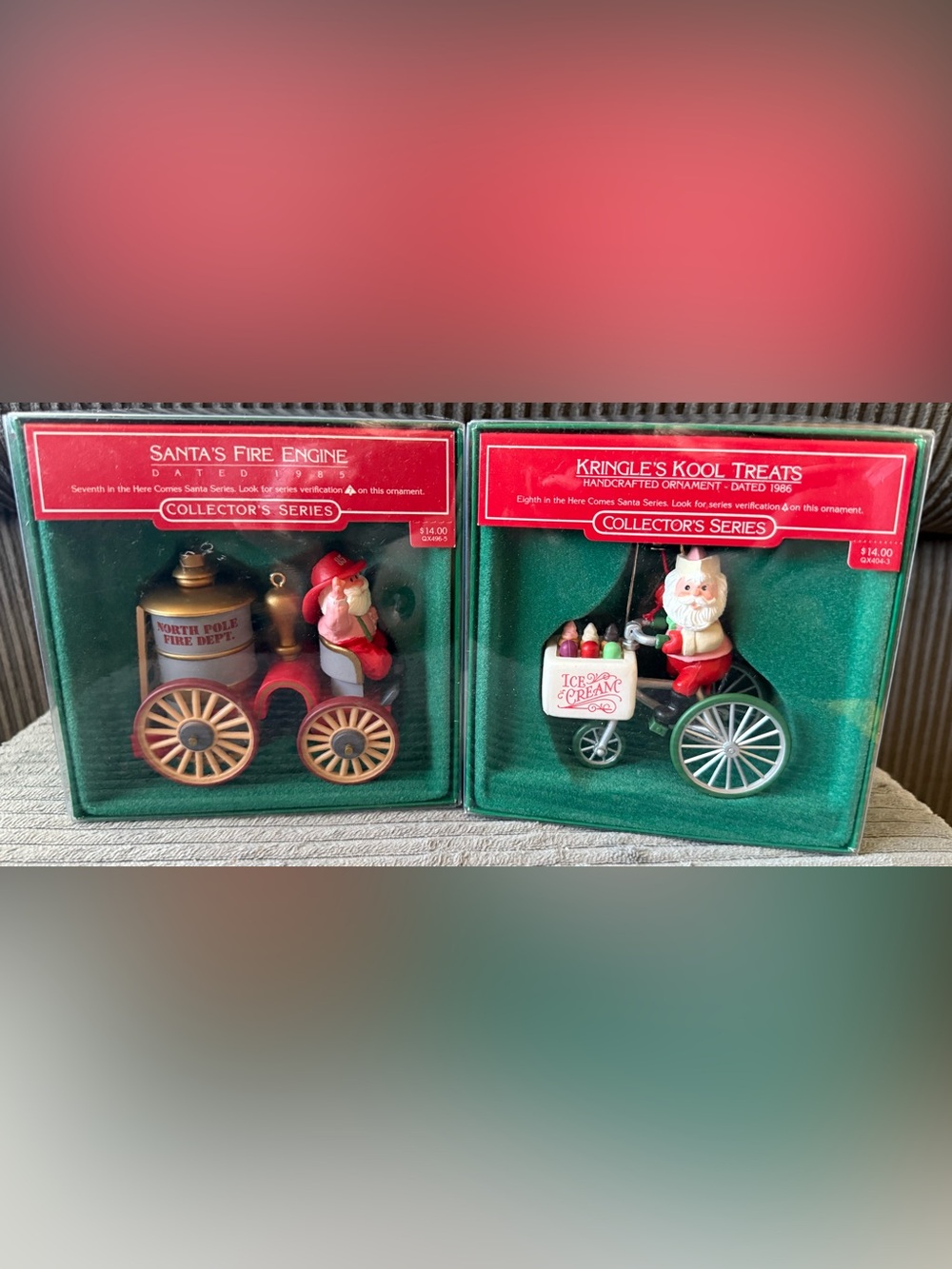 Lot of 2 VTG Hallmark Santa Fire Engine Kringle Kool Treats Christmas Ornaments